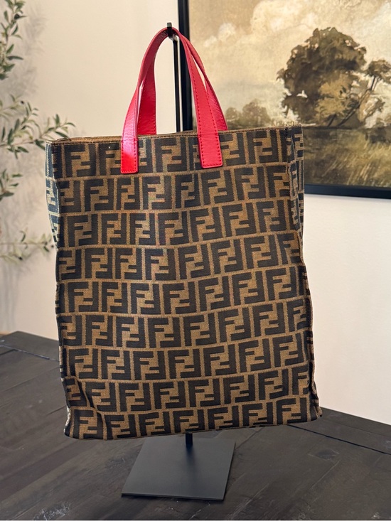 Fendi Handbags - Fendi Brown Zucca Canvas Tote with Red Handles